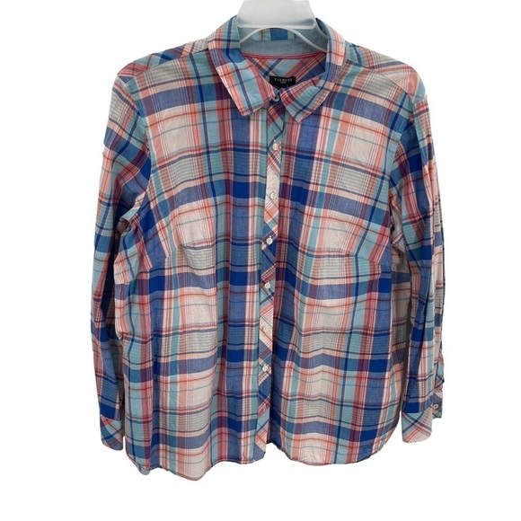 Talbots Womens Cotton Orange Blue Plaid Button Up Long Sleeve Top Size 20W - Picture 1 of 9